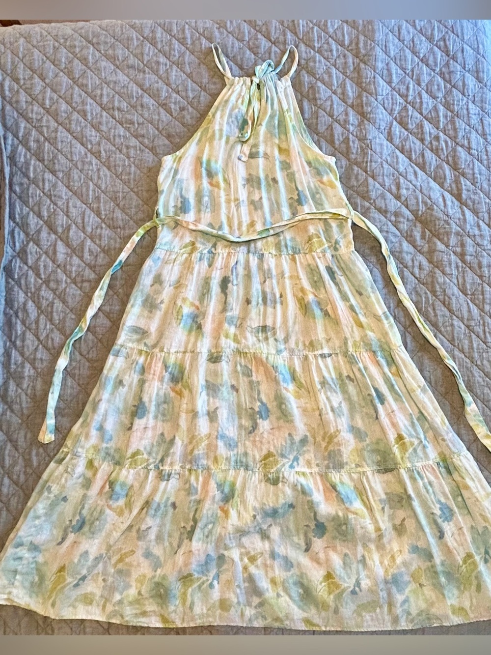 Bella Dahl EUC SZ M Linen Pastel Blue & Green Halter Maxi Dress SO FLATTERING ๐ - Picture 2 of 7